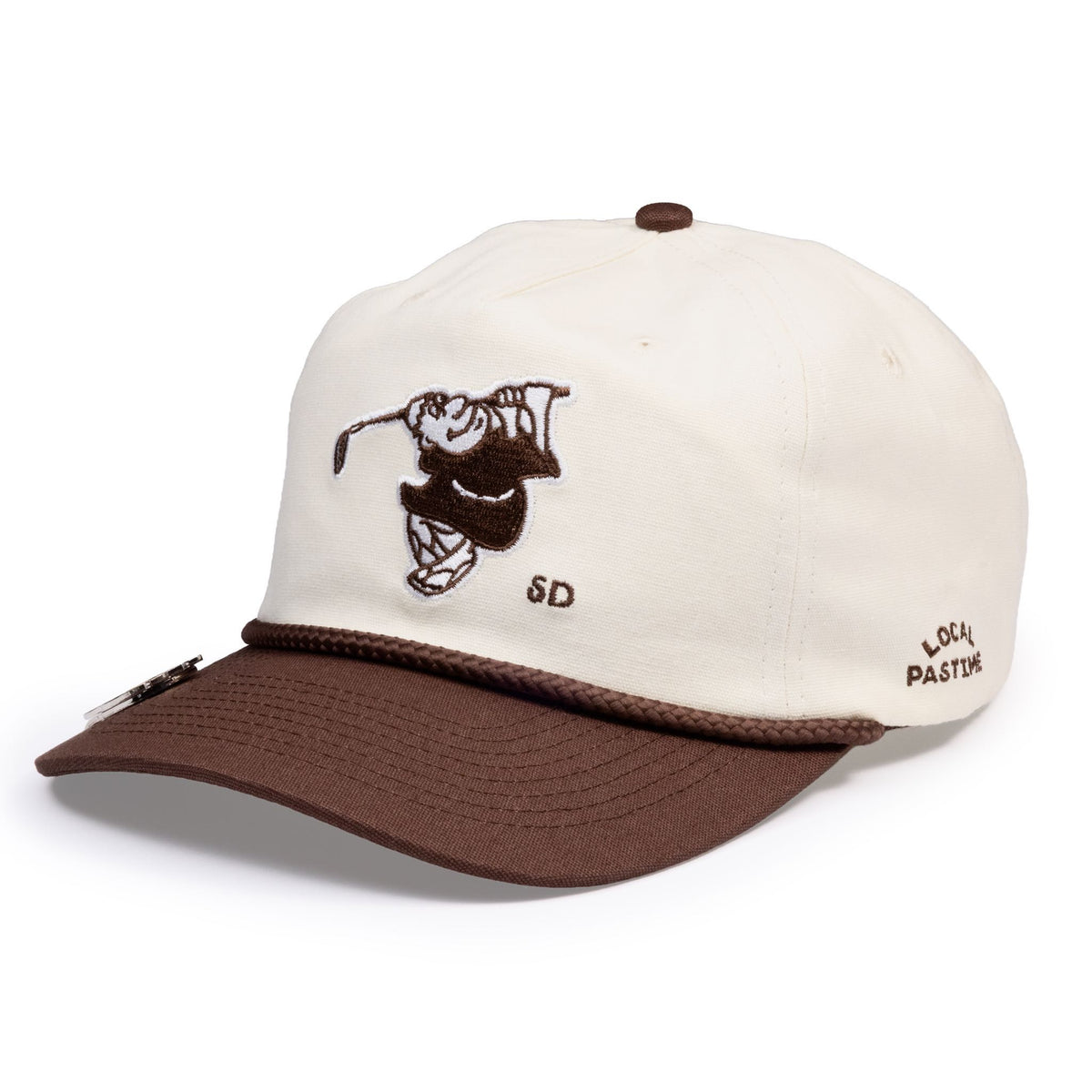 A baseball cap with an off-white crown and a brown visor, featuring a brown embroidered golfer graphic and the text 'SD' on the front, with 'LOCAL PASTIE' embroidered on the side.